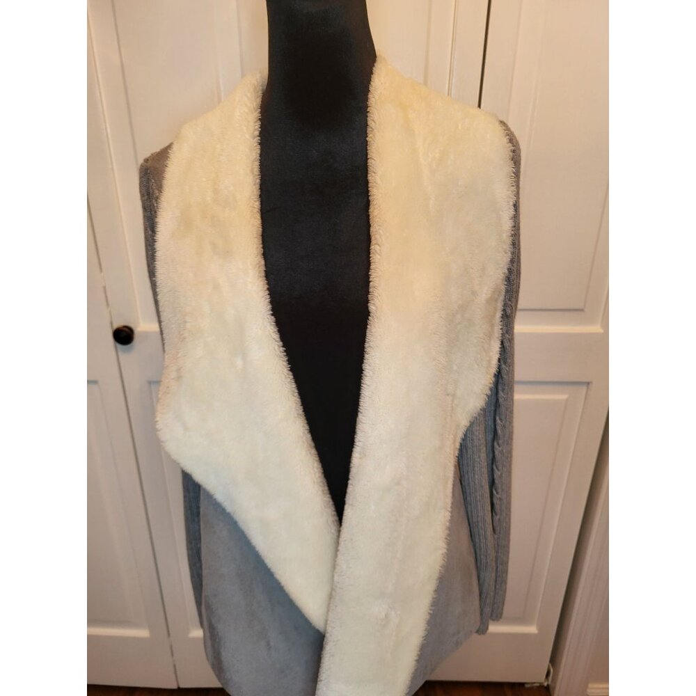 Gray Faux Suede/Faux Fur Cable Knit Ribbed Open Cardigan 16P Winter Ski Lodge - Picture 5 of 9